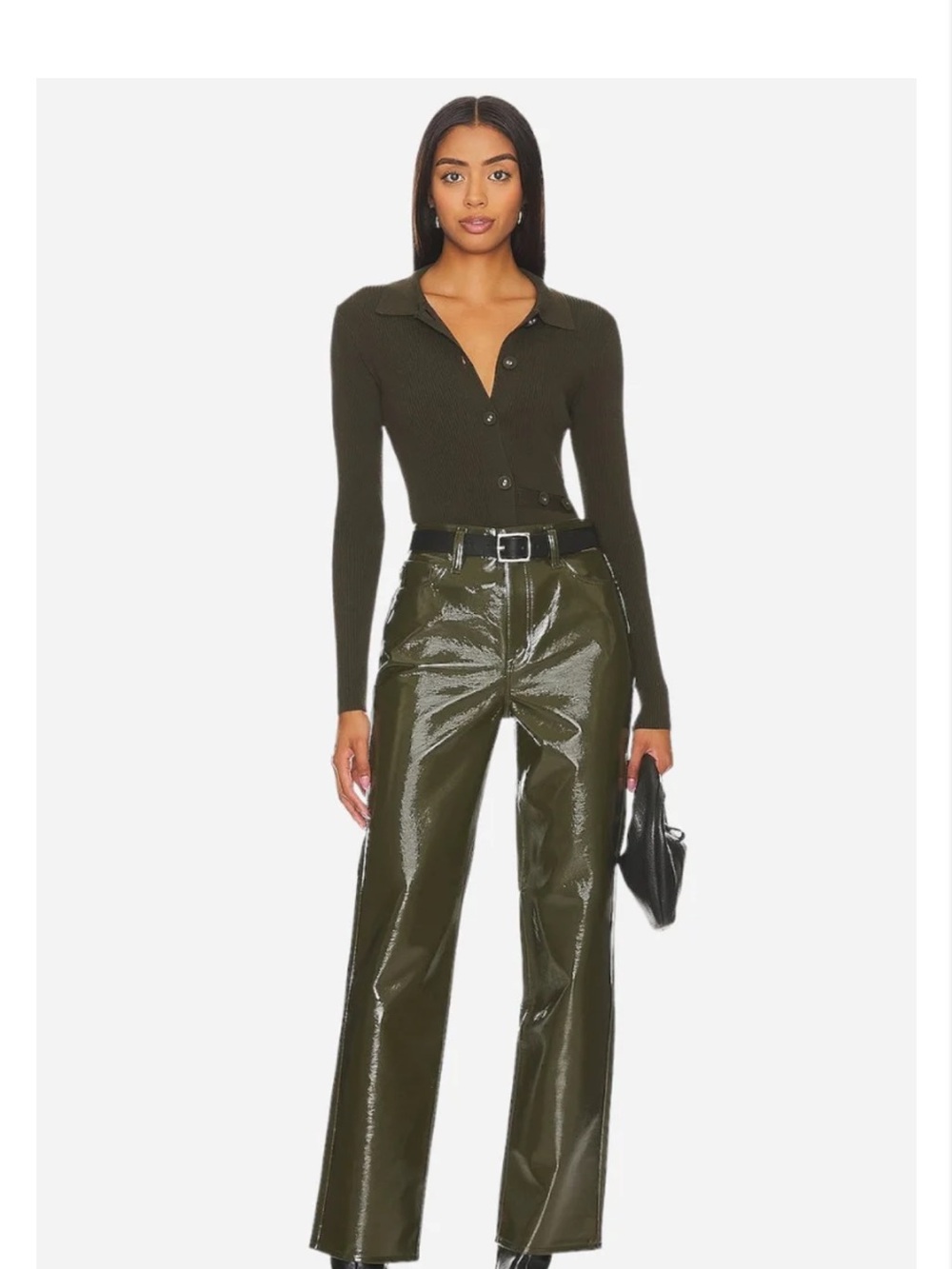 Pistola Cassie High Rise Olive Green High-Waist Patent Wide-Leg Pants